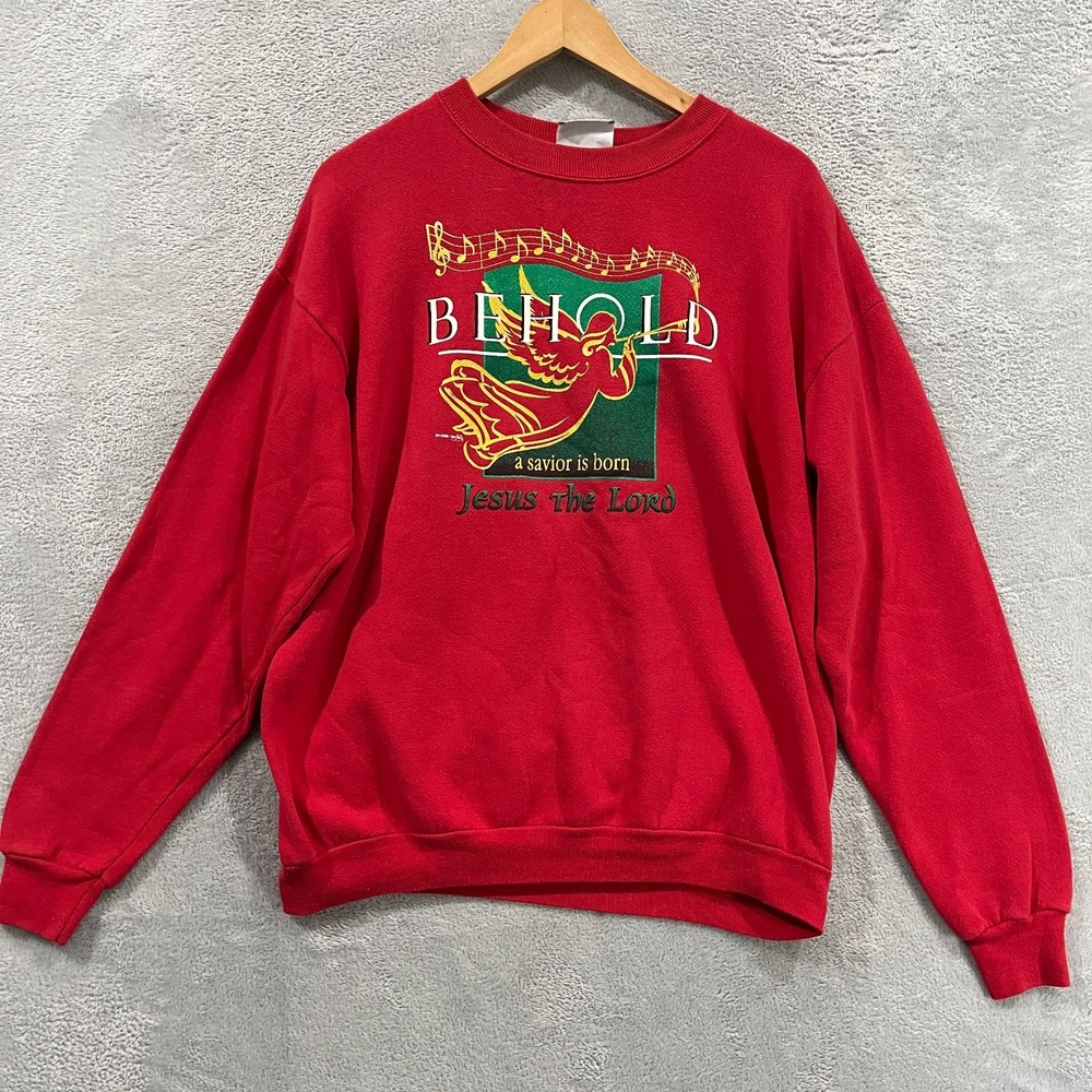 Vtg Lee Sweatshirt Mens Large Red Christmas Angel Church Fleece Lined Pullover